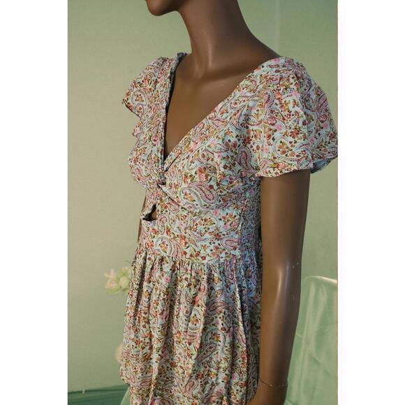 Blue rain baby blue mini floral dress ruffle sleeve cut out detail fits S-XS - Picture 2 of 7